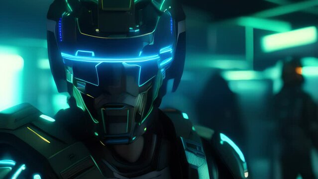 In a virtual training simulation, a cybersoldier is visibly enhanced with a headsup display, enhancing their aiming accuracy and reflexes as they engage in intense combat exercises.