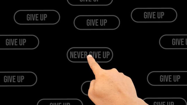 Animation of a finger pressing the never give up button