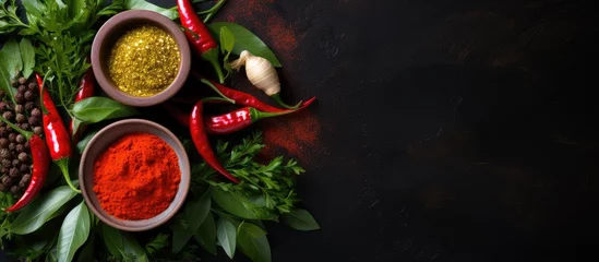 Selbstklebende Fototapete Scharfe Chili-pfeffer Spicy Thai curry with herb ingredients on a dark background
