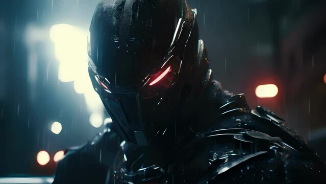 A combat cyborg, equipped with bulletproof plating and a visor covering its face, charges forward through a rainsoaked street, wielding an enormous energy sword that crackles with electric