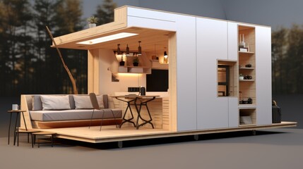 A tiny house with a couch and a table. Photorealistic AI.