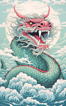 A painting of a dragon in the ocean. Imaginary illustration.