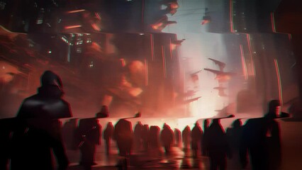 Towering skysers loom overhead, casting long shadows over hive dwellers as they navigate the congested streets, their faces partially hidden by gas masks and augmented reality goggles.