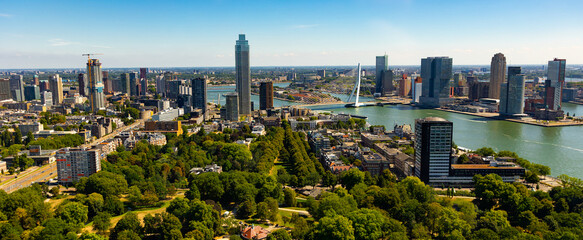 Aerial panorama of Rotterdam city and the Erasmus bridge, Netherlands - obrazy, fototapety, plakaty