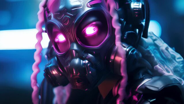 An image of a Cybergoth wearing a futuristic gas mask, their outfit incorporating a mix of industrial and gothic elements, highlighted by the glow of neon lights reflecting off their metallic