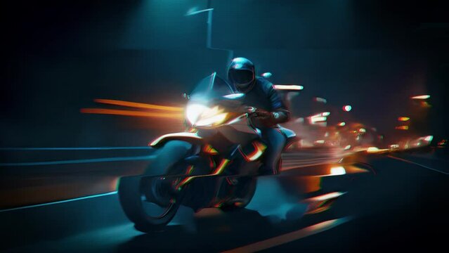 A street racer in a futuristic motorcycle suit leans low over the handlebars of his vehicle, effortlessly dodging airborne drones and weaving through tight traffic.