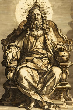 God sitting on the throne, baroque drawing, Jesus Christ, Renaissance drawing style