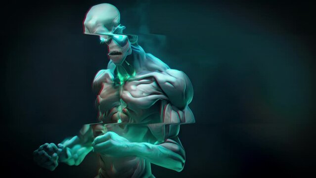 A menacing biopunk with a muscular physique exhibits natural armor growing out of their body, sharp bony protrusions covered in a bioluminescent protective coating.
