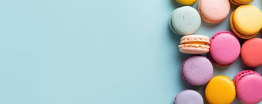 Colorful assorted macarons on a pastel blue background - Powered by Adobe
