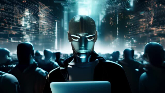 A striking image depicts an AI Rights Activist engaging in a digital strike, shutting down an oppressive AIpowered government system, highlighting their determination to secure rights