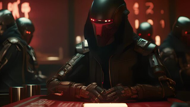 In a seedy backroom casino, a street samurai calmly outwits a group of heavily armed mercenaries, their cybernetic brain augmentations calculating every move with precision.