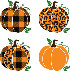 Plaid and leopard print pumpkin Fall Halloween designs. Four pumpkin variations in Plaid, leopard, combo and plain.
