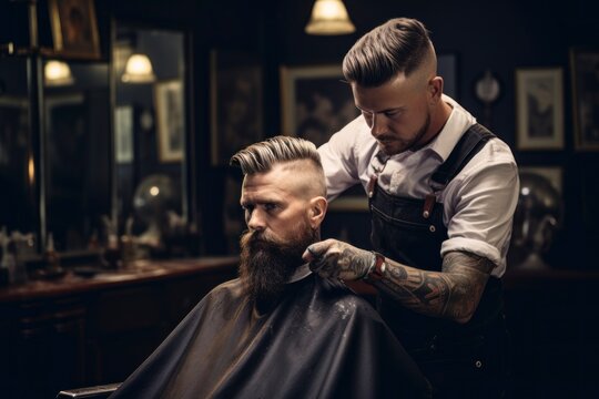 A skilled barber meticulously crafting a classic taper fade hairstyle for a gentleman with a well-groomed beard in a vintage barbershop