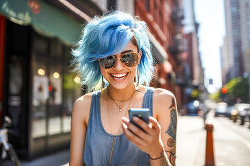Portrait of millennial girl with blue hair and tattoos, smiling and using smartphone on sunny street in New York City. Concept of casual, carefree, connectivity, candid