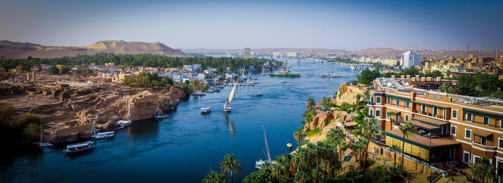 Birds Eye View of Nile River in Aswan Egypt with Ancient Dig Site and Boats