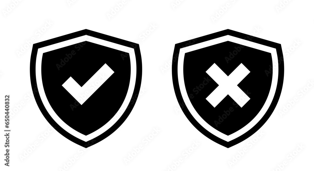 Poster shield protection with a checkmark and x cross icon vector. secure and danger sign symbol