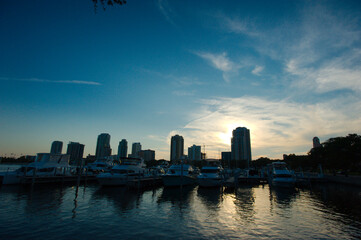 Vinoy Yacht Basin Marina in St. Petersburg, Florida and Park in the late afternoon sun. Boats and...