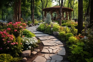Backyard Garden Modern Design Landscaping. Landscaped Back Yard. Decorative Garden With Pathway Or Walkway From Stone And Rocks Or Gravel. Back Yard Or Park Lawn With Stony Natural landscaping.