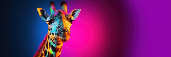 Fototapeta na wymiar Giraffe head in neon light for your advertising. AI Generation 