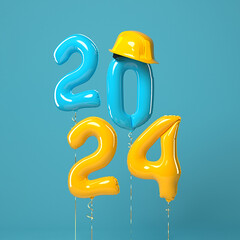 2024 New Year design template with yellow protective helmet and air balloons. 3D render illustration.