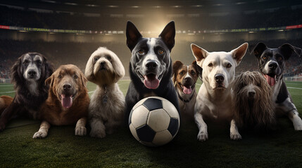 Group of dogs playing soccer in soccer stadium. Stadium full of people with flags. Dramatic lighting. Dark black color palette. Cinematic perspective. Soccer scenes. Front view. - obrazy, fototapety, plakaty