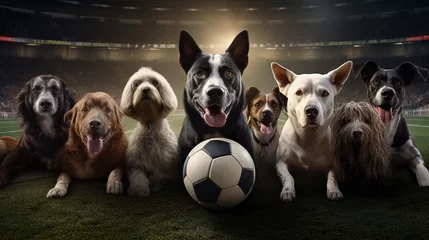 Poster Group of dogs playing soccer in soccer stadium. Stadium full of people with flags. Dramatic lighting. Dark black color palette. Cinematic perspective. Soccer scenes. Front view. © MadSwordfish