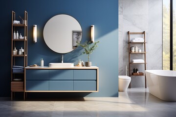 Modern bathroom interior with blue double vanity