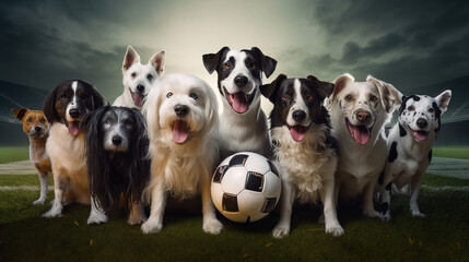 Group of dogs playing soccer in soccer stadium. Stadium full of people with flags. Dramatic...