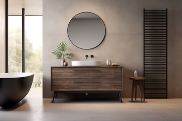 Modern bathroom interior in loft style chest of drawers