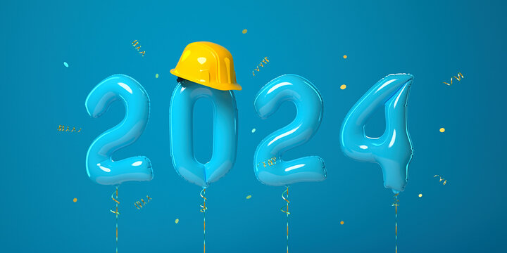 2024 New Year design template with yellow protective helmet and air balloons. 3D render illustration.