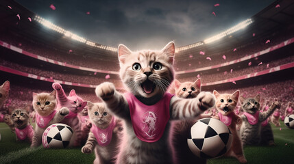 Group of cats playing soccer in soccer stadium. stadium full of people with flags. Pink color palette. Cinematic perspective. Soccer scenes. Front view.