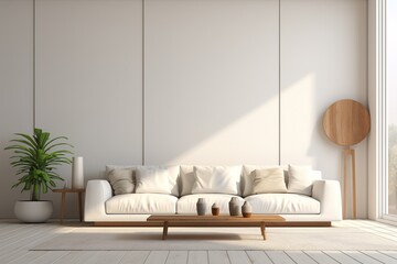 Modern white living room interior ing image.A blank wall with pure white. Decorate wall with extrude horizon line pattern and hidden warm light
