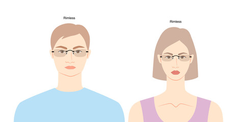 Rimless frame glasses on women and men flat character fashion accessory illustration. Sunglass front view unisex silhouette style, rim spectacles with lens sketch outline isolated on white background