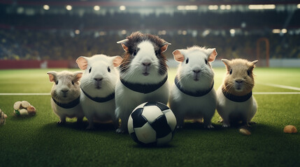 Group of guinea pigs playing soccer in soccer stadium. stadium full of people with flags. All-white color palette. Cinematic perspective. Soccer scenes. Front view. - obrazy, fototapety, plakaty