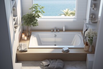 Top view of light bathroom interior with bathtub, sink and panoramic window