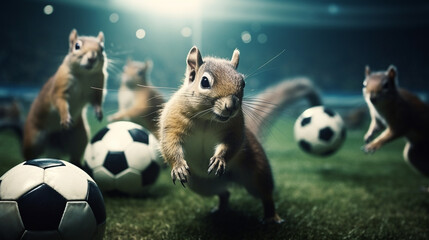 Group of squirrels playing soccer in soccer stadium. stadium full of people with flags. Dark black color palette. Cinematic perspective. Soccer scenes. Front view. - obrazy, fototapety, plakaty