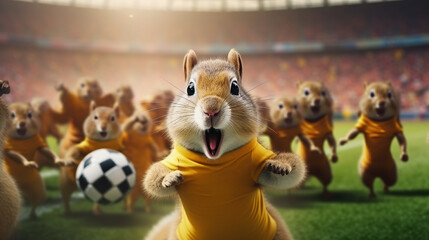 Group of squirrels playing soccer in soccer stadium. stadium full of people with flags. Dark yellow color palette. Cinematic perspective. Soccer scenes. Front view. - obrazy, fototapety, plakaty