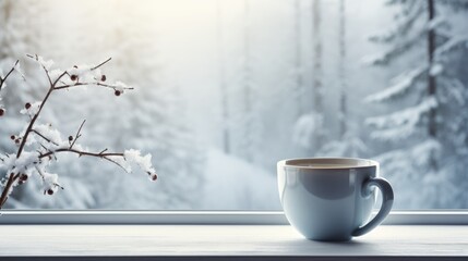A cup of coffee sitting on a window sill. Photorealistic AI. Romantic wintertime background.