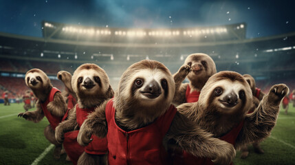 Group of sloths playing soccer in soccer stadium. stadium full of people with flags. Dark red color palette. Cinematic perspective. Soccer scenes. Front view.
