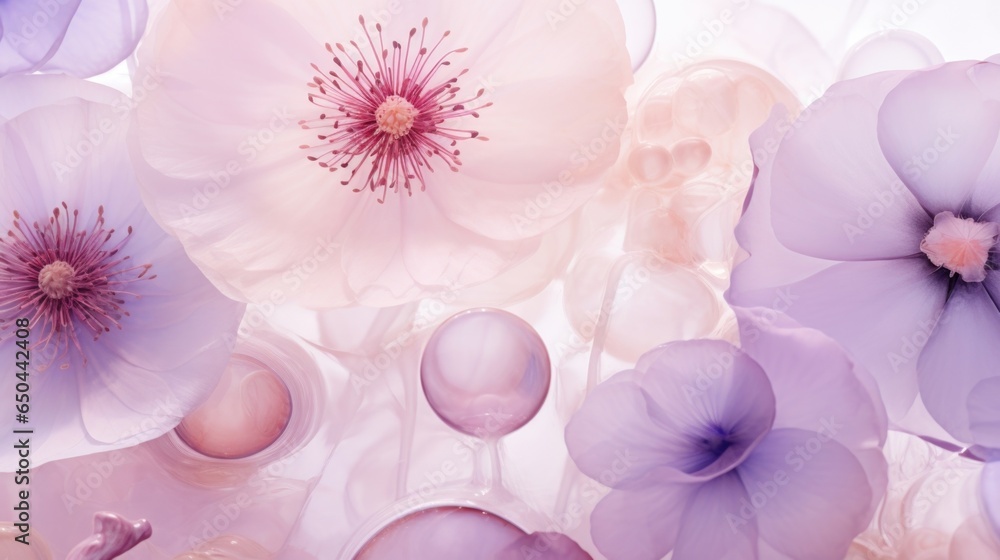 Poster a captivating macro image showcasing a diverse assembly of small, round cells in shades of pale pink
