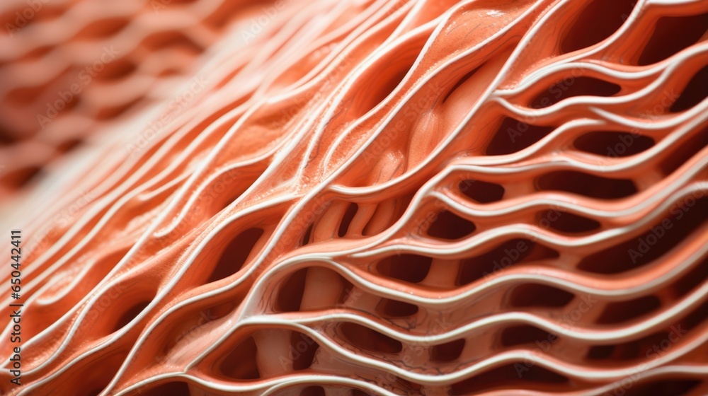 Poster examined up close, the surface of muscle cells appear to be laden with numerous striations, suggesti