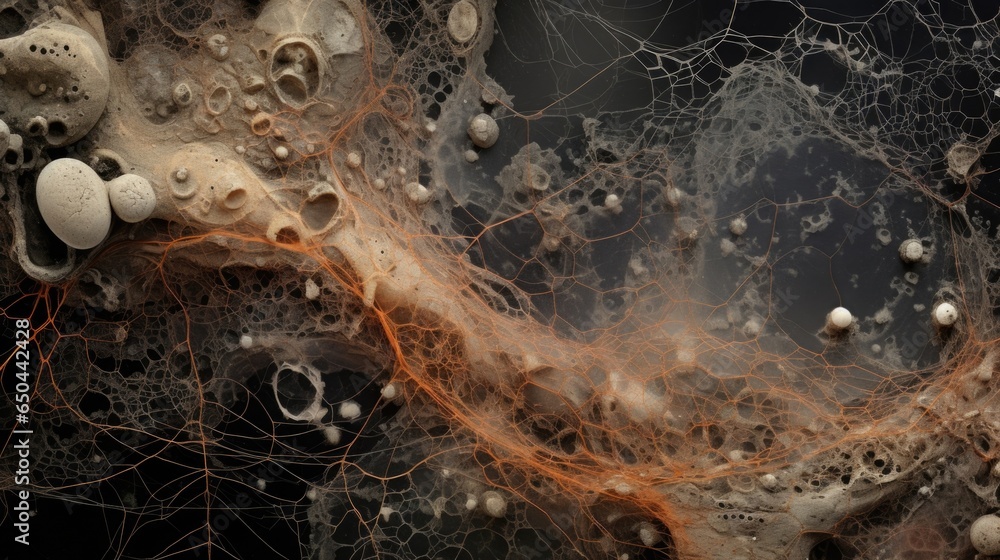 Poster captured under a magnifying lens, the image showcases an intricate web of intertwined microbial colo