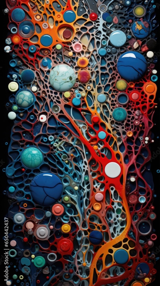 Poster in the depths of the microbe domain, a dynamic tapestry of colorful shapes and patterns emerges, sho