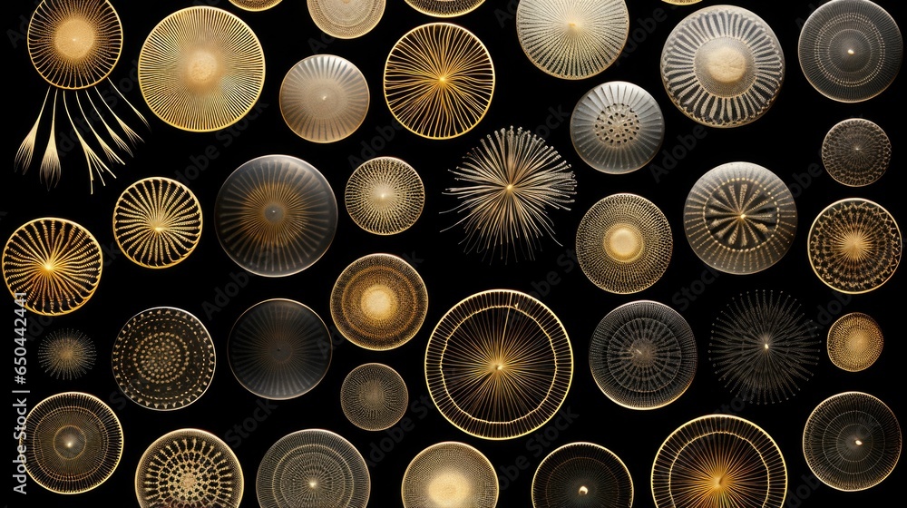 Poster an upclose observation of diatoms showcases a mesmerizing collection of goldenhued, symmetrical shap