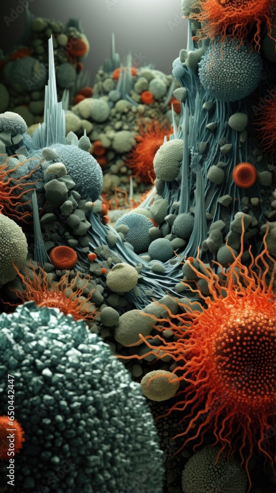 Poster within a tiny, alienlike landscape lies an array of microscopic viruses, each unique in shape and si