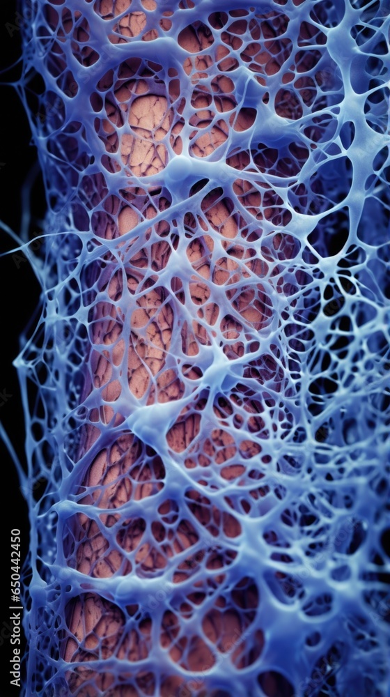 Poster image 2 intricate arrangement of elongated cells within microscopic connective tissues, displaying a