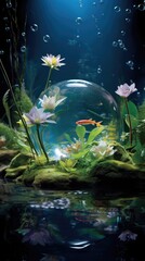 Journey into the heart of a hidden gem, where crystalclear waters mirror a miniature universe b with life. Witness the dance of tiny aquatic beings amidst lush greenery, as this microcosmic Mod3f