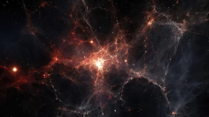 Fotobehang Against a canvas of infinite darkness, a peculiar cosmic web takes shape, threads of invisible dark matter crisscrossing through vast voids, sculpting the very structure of the universe Mod3f © Justlight