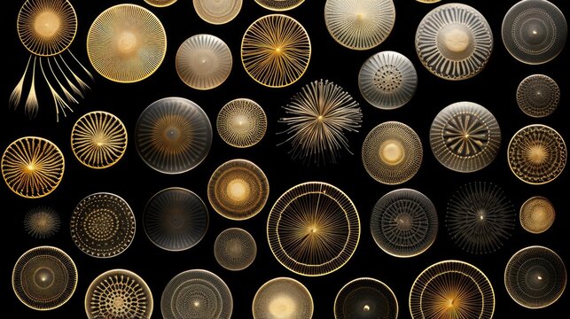 An upclose observation of diatoms showcases a mesmerizing collection of goldenhued, symmetrical shapes. These mesmerizing microorganisms resemble a captivating array of intricately Mod3f