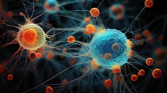 Macro image capturing the intricately networked system of lysosomes within a cell. The image showcases a dense, interconnected web of these organelles, highlighting their vital role Mod3f